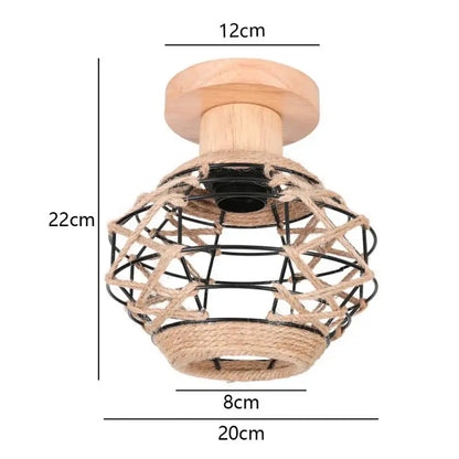 Vintage rattan-wrapped black metal ceiling light with natural wood base featuring handmade hemp rope ceiling design decorbites handmade hemp