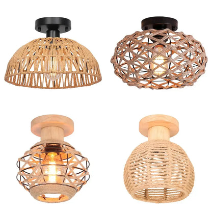 Vintage rattan and wood woven hemp rope ceiling light fixture with exposed bulb for dining room decorbites handmade hemp