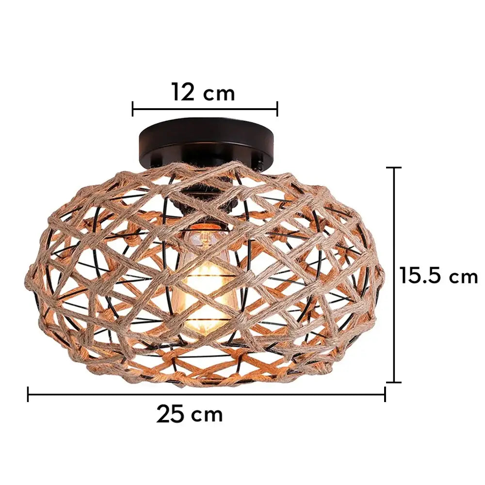 Vintage rattan and handmade hemp rope ceiling light with black metal base and exposed bulb for dining room decorbites handmade hemp
