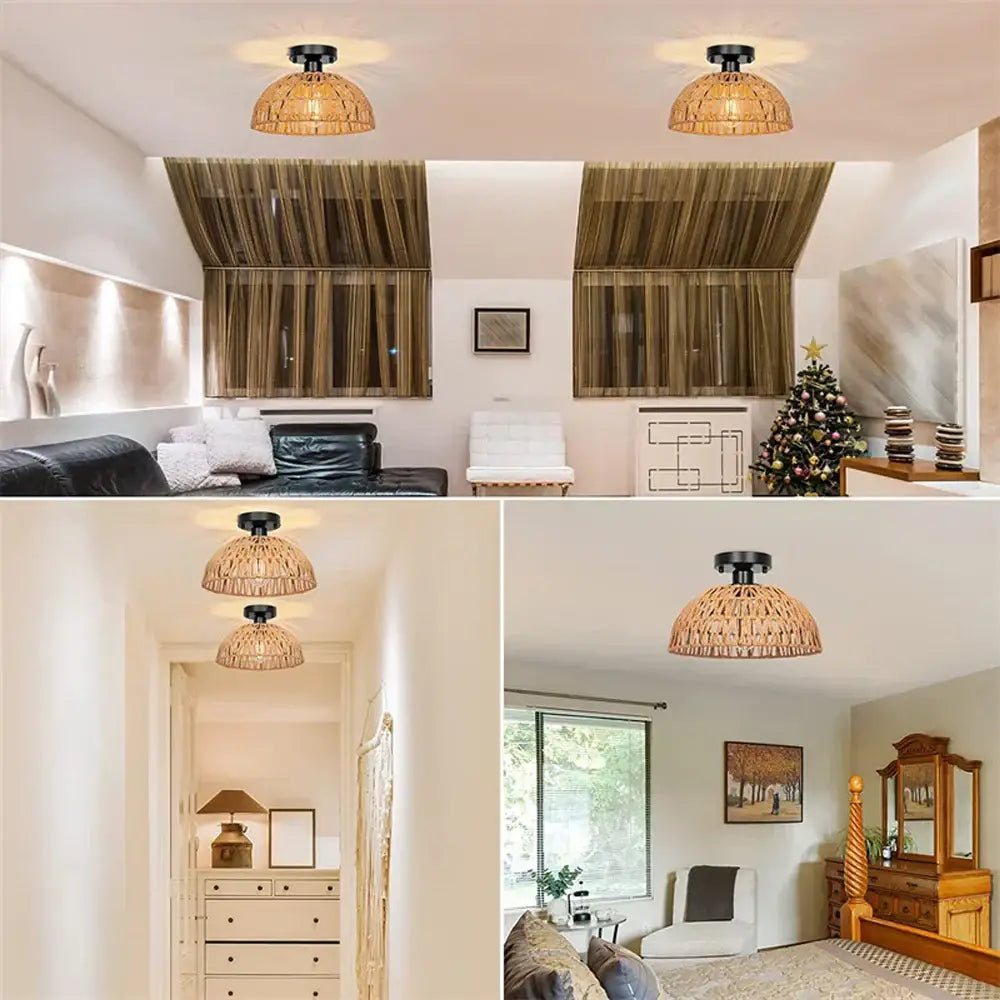 Vintage rattan dining room chandelier with natural woven wicker shade and black metal base featuring handmade hemp rope ceiling design