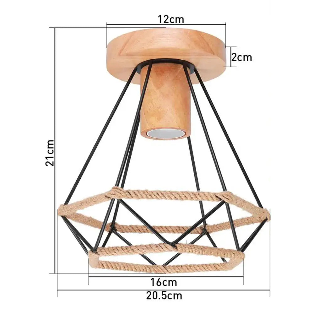 Vintage rattan and handmade hemp rope ceiling light with natural wood base and black metal frame for dining room decorbites handmade hemp