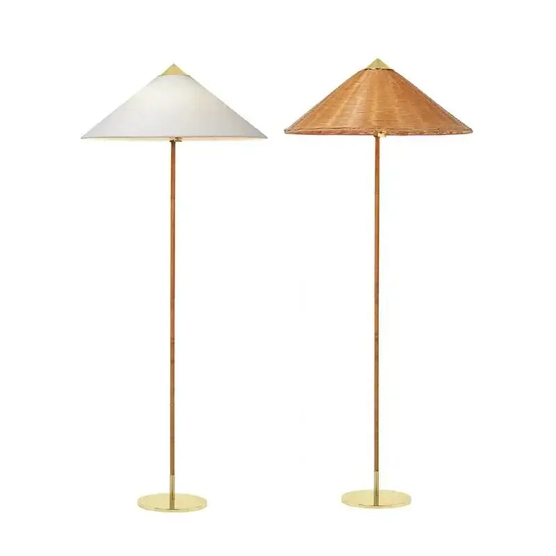 Two floor lamps with white fabric and gubi rattan shade on brass poles for vintage decorbites floor lamp stand light