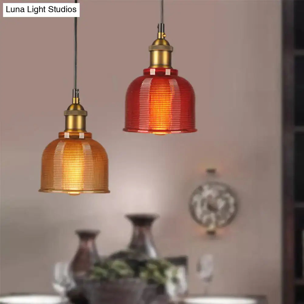 DecorBites vintage carillon pendant light with red and amber gridded glass and brass fixtures for dining room lighting