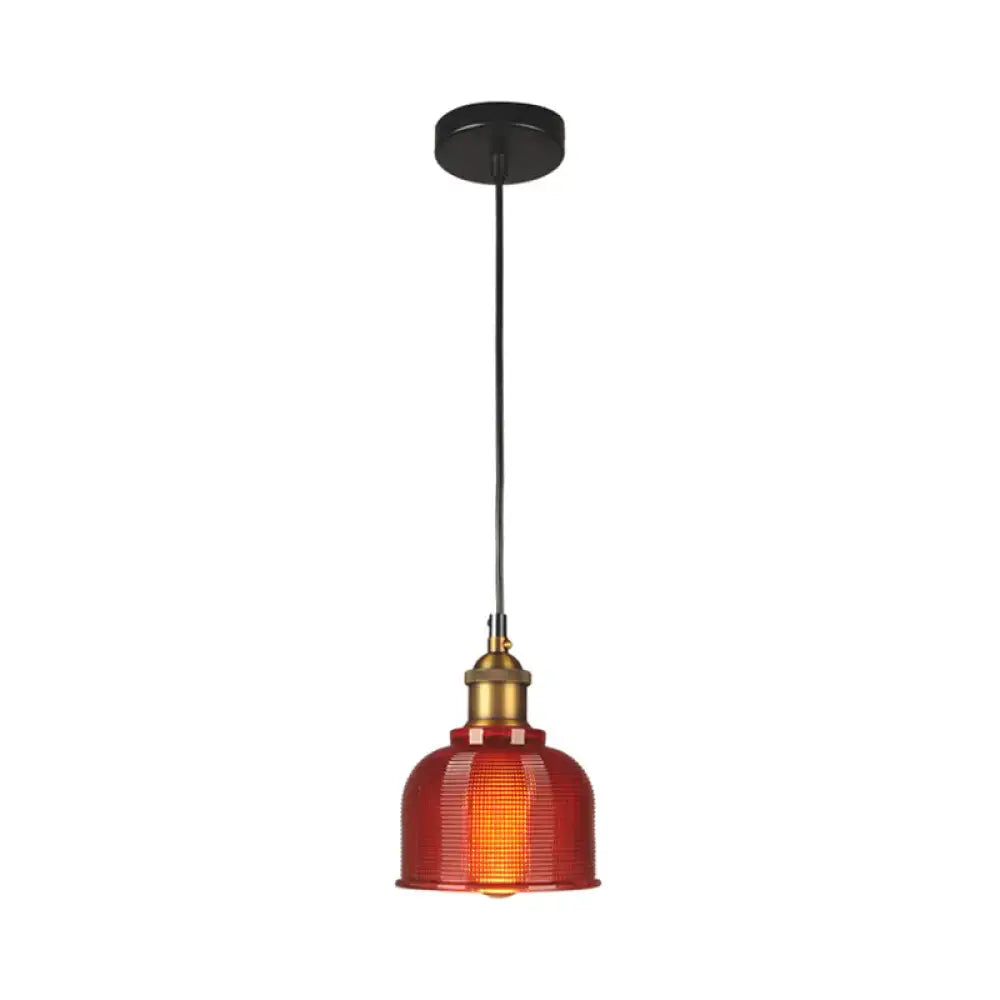 DecorBites™ vintage carillon pendant light with red textured glass, brass accent, and black mount for dining room