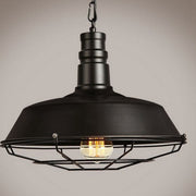 Black vintage retro ceiling lamp with metal cage frame and exposed bulb for living rooms and industrial decor