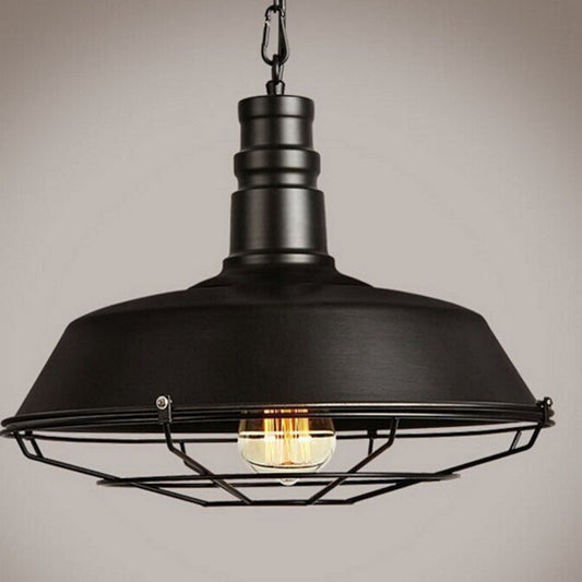 Black vintage retro ceiling lamp with metal cage frame and exposed bulb for living rooms and industrial decor