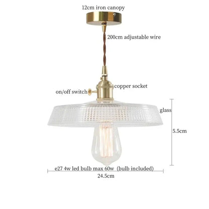 Vintage ribbed clear glass led pendant light with brass fixture, copper socket, and decorbites clear glass shade housing edison bulb