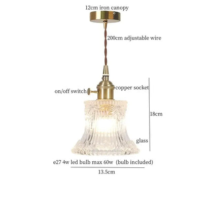 Vintage ribbed clear glass led pendant light with brass iron canopy copper socket and 18cm fluted shade by decorbites