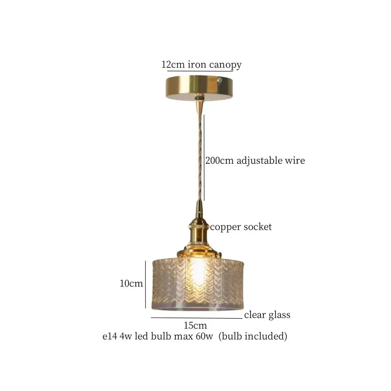 Vintage pendant light with brass iron canopy, adjustable copper wire, and decorbites clear glass led wave shade