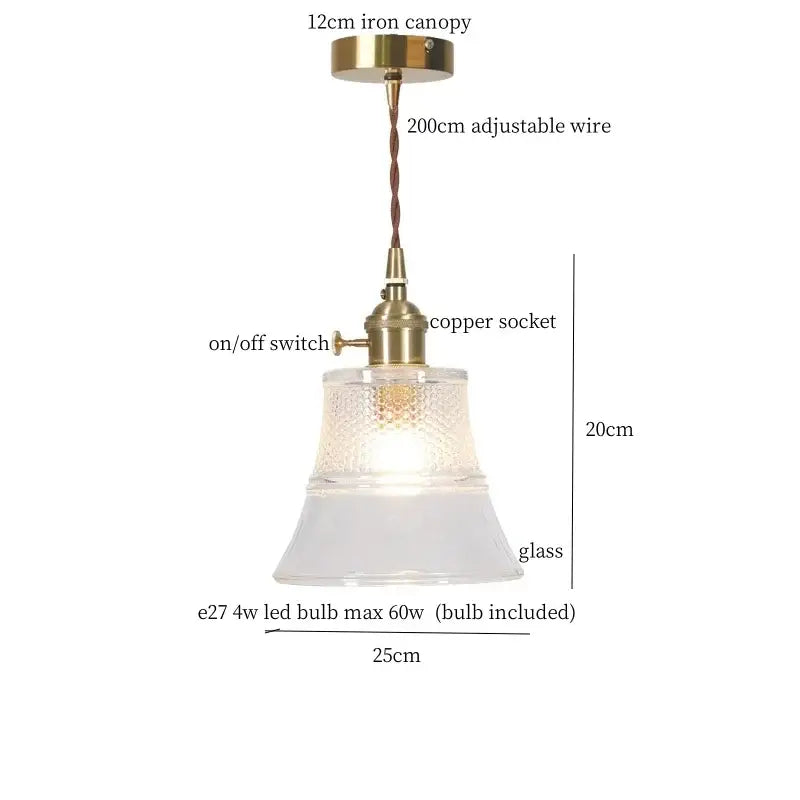 Vintage ribbed clear glass led pendant light with brass fixture, copper socket, and decorbites clear glass shade