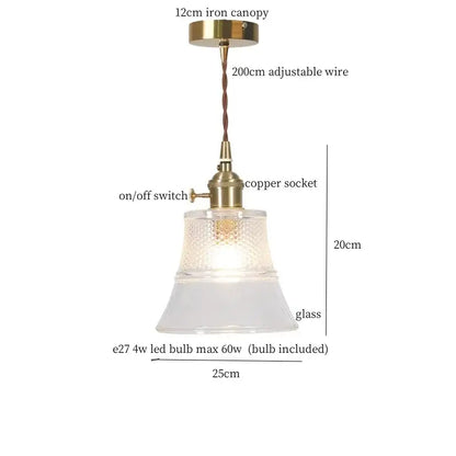 Vintage ribbed clear glass led pendant light with brass fixture, copper socket, and decorbites clear glass shade
