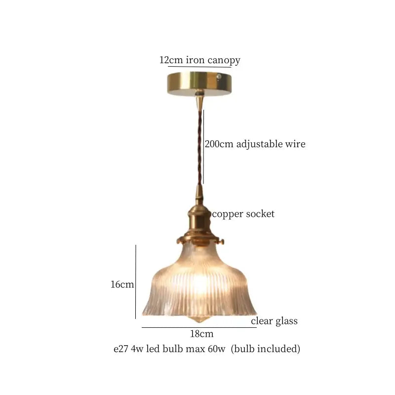 Vintage ribbed clear glass led pendant light with brass-finished iron canopy and adjustable copper wire decorbites clear glass