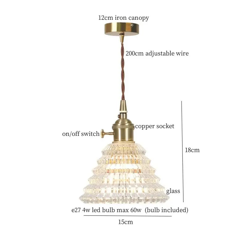 Vintage ribbed clear glass led pendant light with tiered crystal glass shade and brass decorbites clear glass fixture
