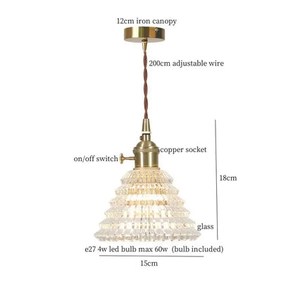 Vintage ribbed clear glass led pendant light with tiered crystal glass shade and brass decorbites clear glass fixture