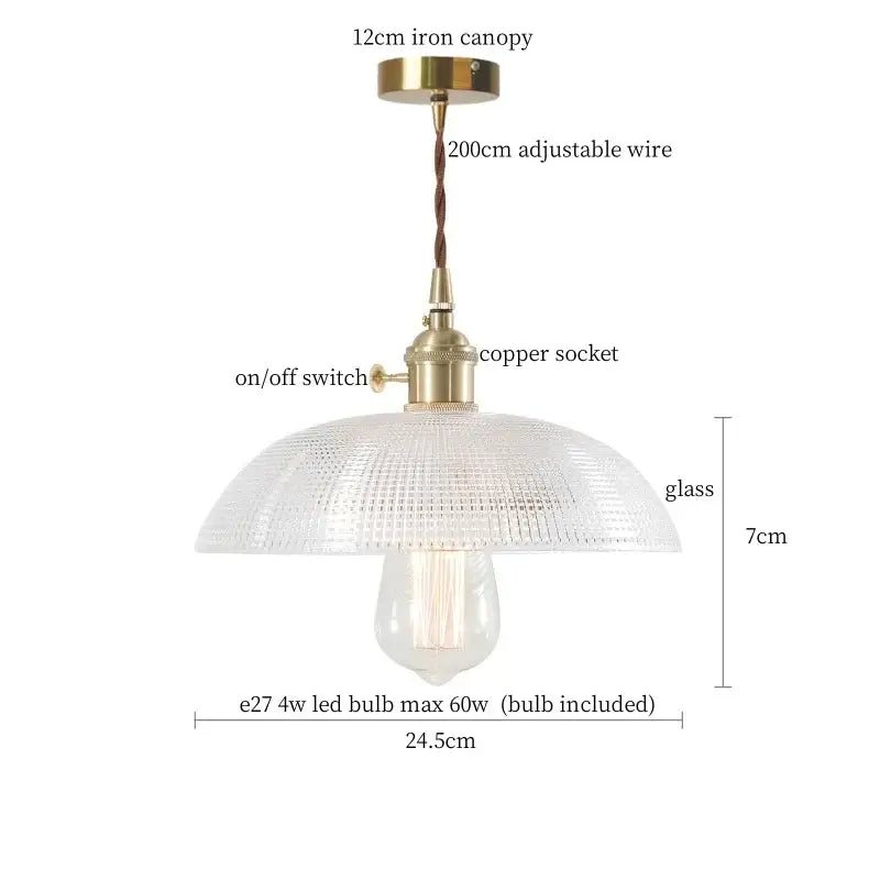 Vintage ribbed clear glass led pendant light with brass finish, iron canopy, copper socket, and braided wire by decorbites