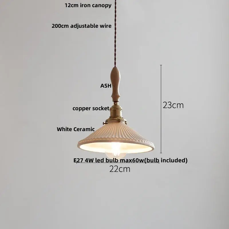 Vintage-style ceramic led pendant light with white fluted shade and wooden iron canopy from decorbites pendant lights