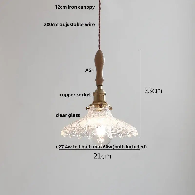 Vintage ribbed glass ceramic led pendant light with clear patterned shade, ash wood canopy, and copper socket by decorbites