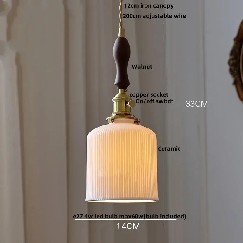 Vintage ribbed glass and wood pendant lights with off-white ceramic led shade and dark walnut iron canopy decorbites ceramic led