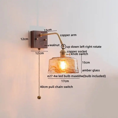 Vintage ribbed glass ceramic copper LED wall lamp with copper-arm amber glass shade and walnut mounting plate for decorbites wall lamps