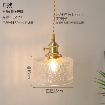 Vintage ribbed glass copper pendant light with clear textured shade and brass-finished copper pendant light fixture