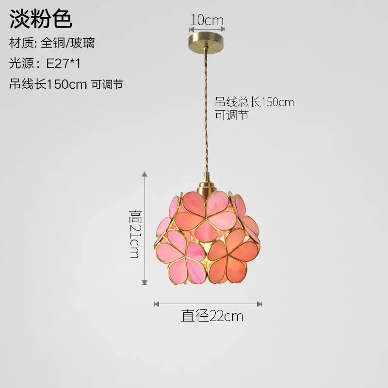 Delicate pink floral glass copper pendant light with brass frame and adjustable 150cm cord for kitchen dining room