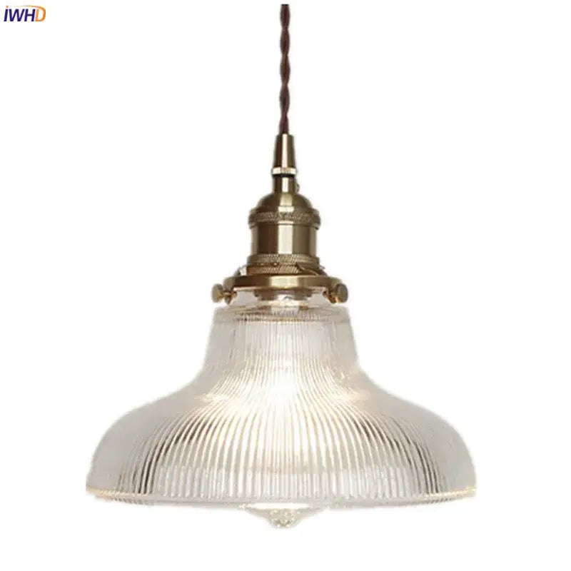 Vintage-style glass copper pendant light with clear ribbed shade, ideal for kitchen and dining room lighting