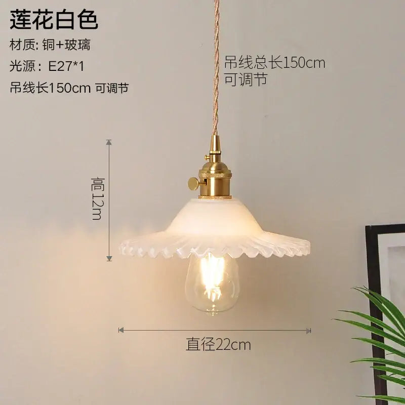 Vintage ribbed white glass copper pendant light with fluted petal shade and brass hardware for kitchen dining room