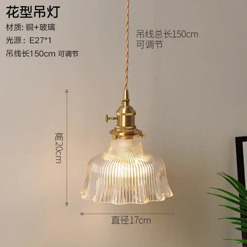 Vintage ribbed glass copper pendant light with brass fixture and clear flared shade for kitchen or dining room