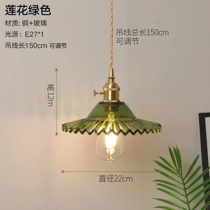 Vintage green glass copper pendant light with scalloped rim and brass fixture for kitchen and dining room use