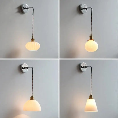 Vintage ribbed opal glass wall lamp with curved metal arm, textured fabric cord, and decorbites ceramic canopy led design