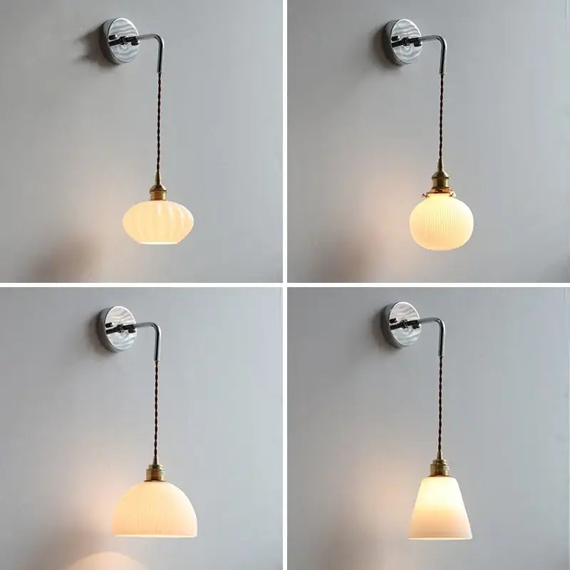 Vintage ribbed opal glass wall lamp with curved metal arm, textured fabric cord, and decorbites ceramic canopy led design