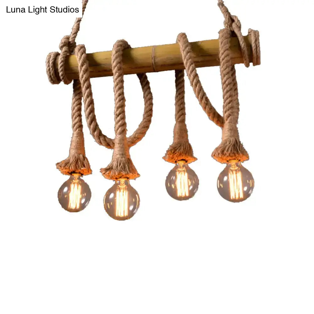Rustic bamboo chandelier with beige natural-fiber rope suspending four glowing filament bulbs for 110v-120v or 220v-240v use