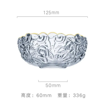 Vintage rose etched glass salad bowl with intricate floral embossing and a gold-trimmed rim for dining room use
