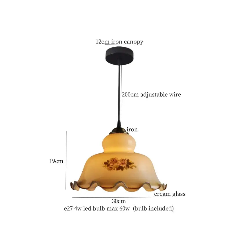 Vintage ruffled cream glass copper pendant lamp with floral patterns and iron canopy for kitchen decorbites cream glass