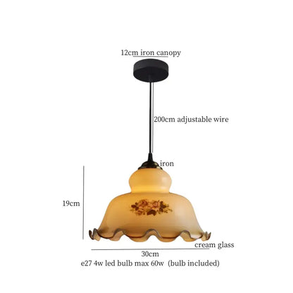 Vintage ruffled cream glass copper pendant lamp with floral patterns and iron canopy for kitchen decorbites cream glass