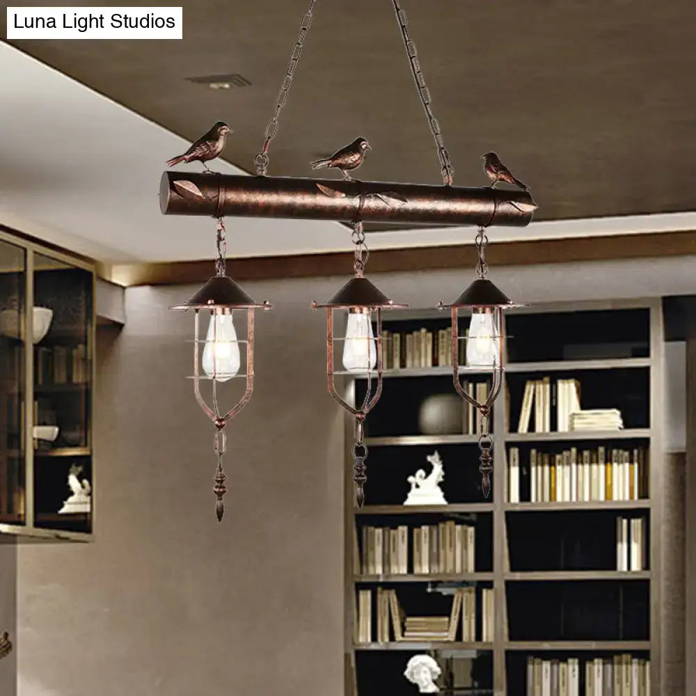 Bronze-finished decorbites vintage metal island lighting with three caged shade pendant lanterns and decorative birds, e26 e27 bulb base