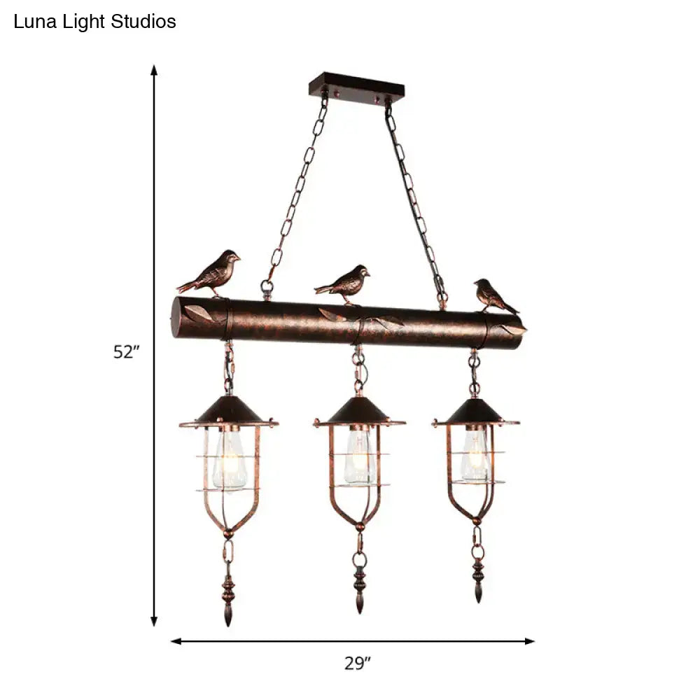 Antique bronze DecorBites™ vintage metal island chandelier with three caged shade lanterns and e26 e27 bulb base