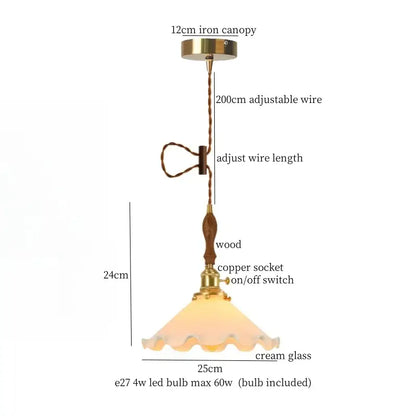 Vintage scalloped cream glass led pendant light with brass-finished iron canopy and wooden handle for kitchen decorbites decor