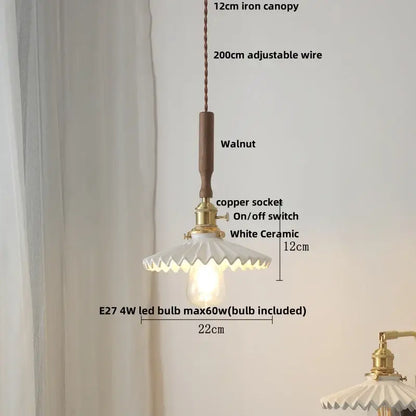Vintage scalloped glass pendant light fixture with walnut wood canopy and brass copper socket for dining room lighting