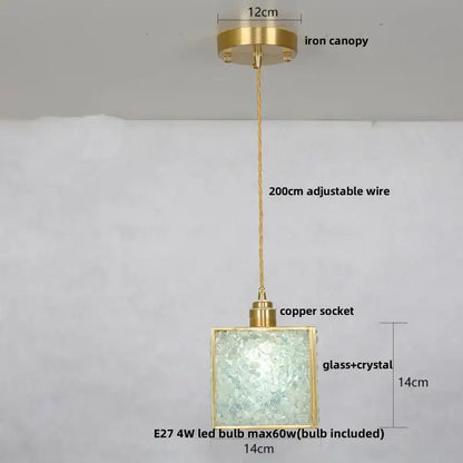 Vintage seafoam green and copper walnut led pendant with brass frame frosted glass and crystal accents by decorbites copper walnut