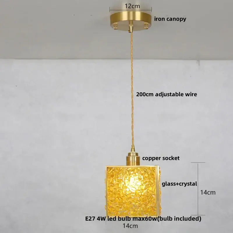 Golden square pendant light with glass and crystal shade copper walnut led decorbites copper walnut canopy and adjustable wire