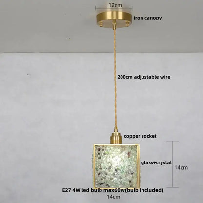 A square-shaped vintage seafoam green and copper walnut led pendant light with brass frame and intricate glass mosaic decorbites copper walnut