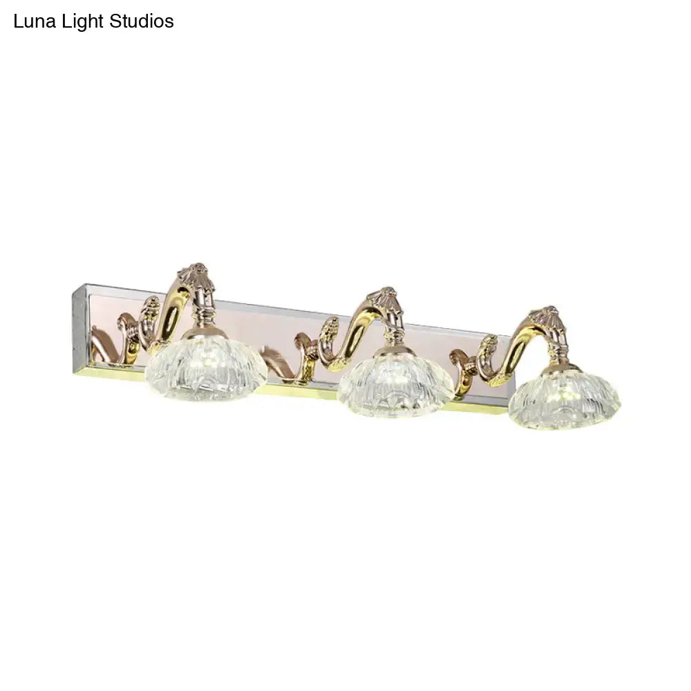 Gold finish vintage crystal wall lamp with three glass shades and ornate curved arms for 110v-120v use