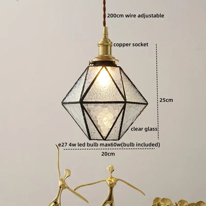 A geometric vintage silver flower glass copper led hanging light with faceted clear glass shade and brass accents