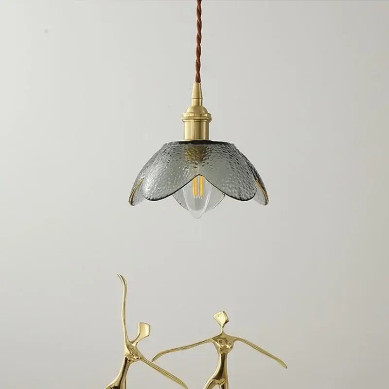 Delicate hammered gray glass copper led hanging light with brass fixture and twisted brown cord for bedroom use