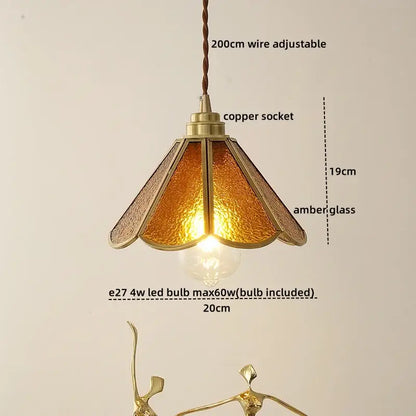 Vintage silver flower glass copper led hanging light with warm amber glass pendant and adjustable 200cm wire