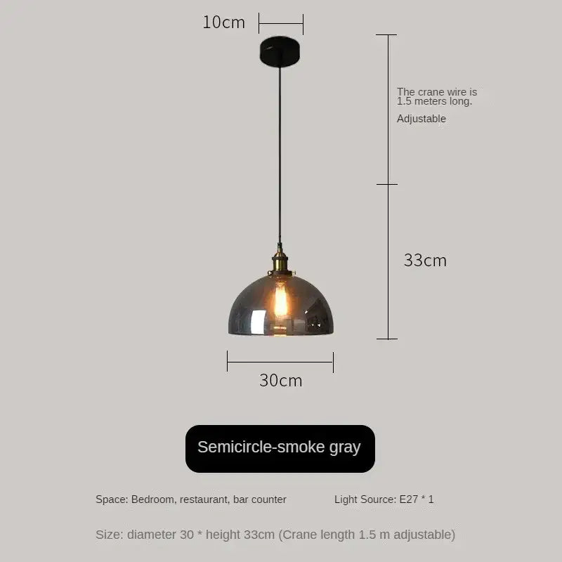 Semicircle smoked amber glass vintage pendant light with brass accents and adjustable black crane wire for dining room set of 4