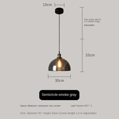 Semicircle smoked amber glass vintage pendant light with brass accents and adjustable black crane wire for dining room set of 4