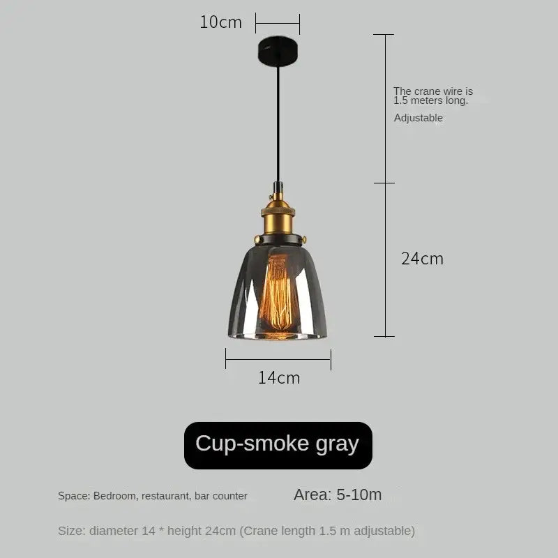 Cup-smoke gray glass pendant light with brass fixture and exposed filament bulb in vintage amber glass pendant light set for dining room