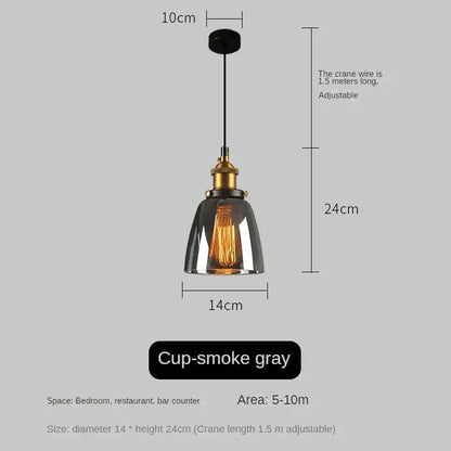 Cup-smoke gray glass pendant light with brass fixture and exposed filament bulb in vintage amber glass pendant light set for dining room